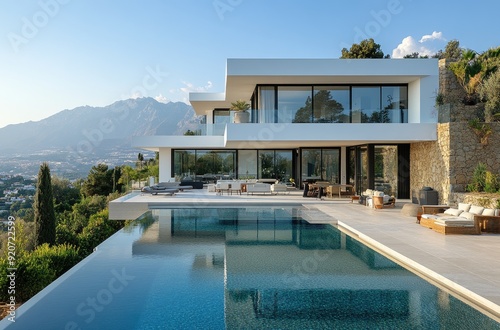 Luxury house with mountain view swimming pool and terrace in modern design. Lounge sun beds deck at vacation home or hotel. Contemporary holiday villa exterior