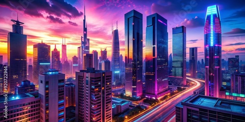 Neon-lit cityscape at dusk, with sleek skyscrapers and bustling streets, pulsating with a vibrant synthwave glow, evoking a futuristic and energetic urban atmosphere. photo