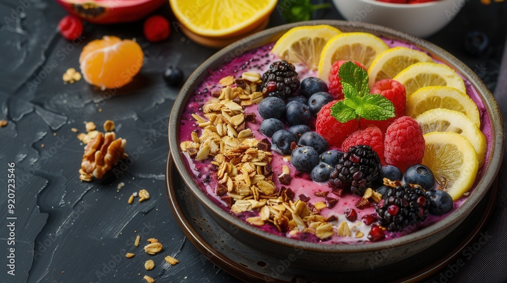 Acai bowl with fruits, sliced banana, yogurt and crunchy granola. Macro view. Acai bowl with fruits, sliced banana, yogurt and crunchy granola. Macro view.