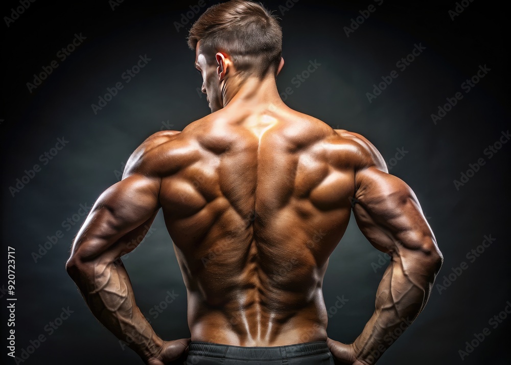 Close-up of a muscular back, highlighting the prominent latissimus dorsi muscles, with toned skin and defined ridges, showcasing strength and athleticism. Close-up of a muscular back, highlighting the prominent latissimus dorsi muscles, with toned skin and defined ridges, showcasing strength and athleticism.