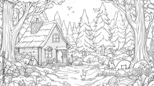 A Cozy Cottage Nestled in a Snowy Forest with Woodland Animals