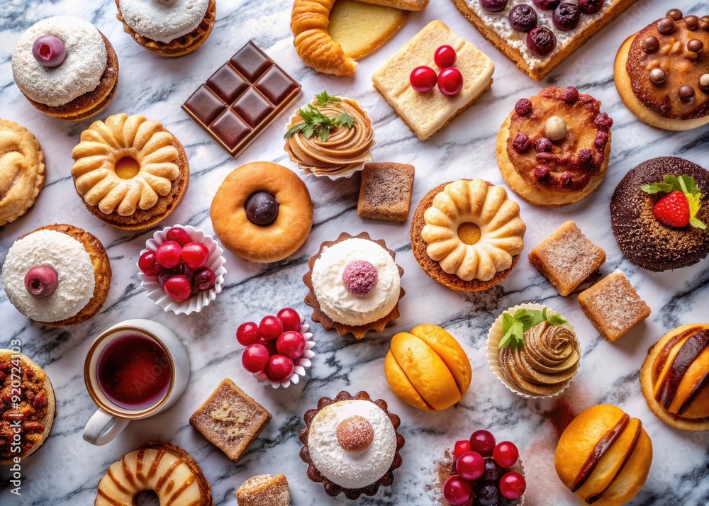 Delicious sweet treats lay on a marble surface, showcasing a variety of freshly baked pastries, cookies, and cakes, perfect for a homemade dessert recipe inspiration. Delicious sweet treats lay on a marble surface, showcasing a variety of freshly baked pastries, cookies, and cakes, perfect for a homemade dessert recipe inspiration.