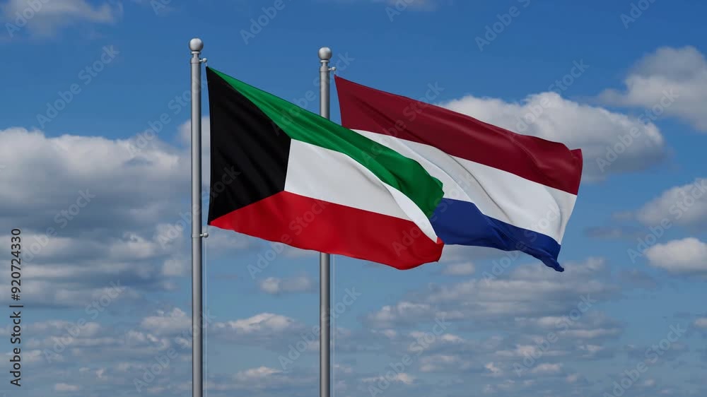 Netherlands and Kuwait flags flying together, video concept of the relationship, two country relations concept Netherlands and Kuwait flags flying together, video concept of the relationship, two country relations concept