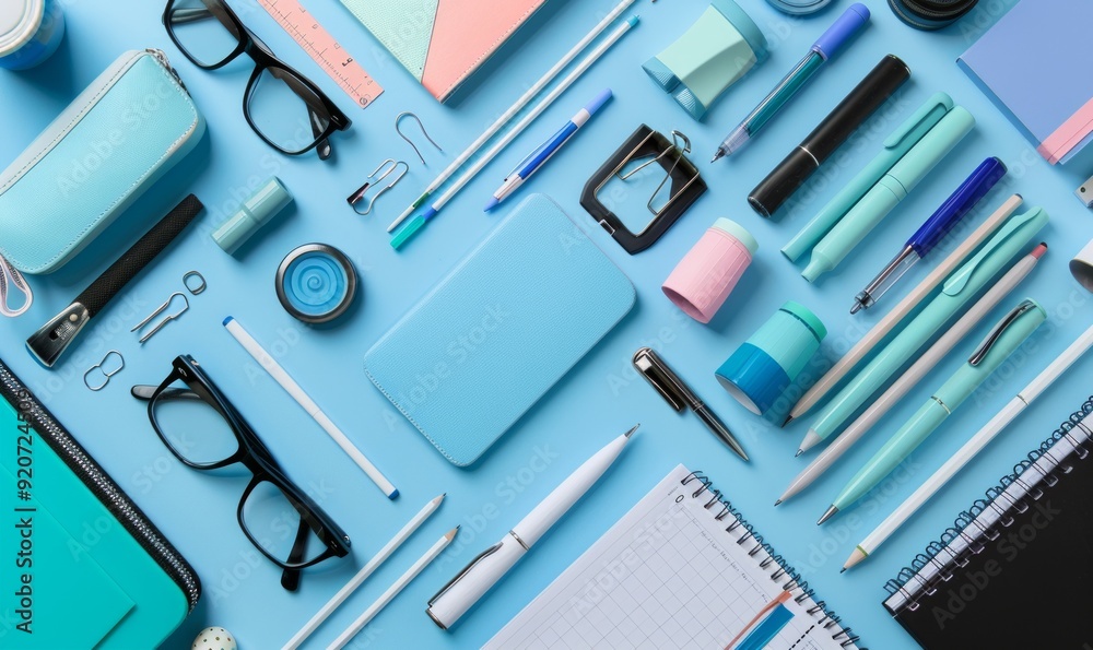 Flat lay of office and business supplies on blue background