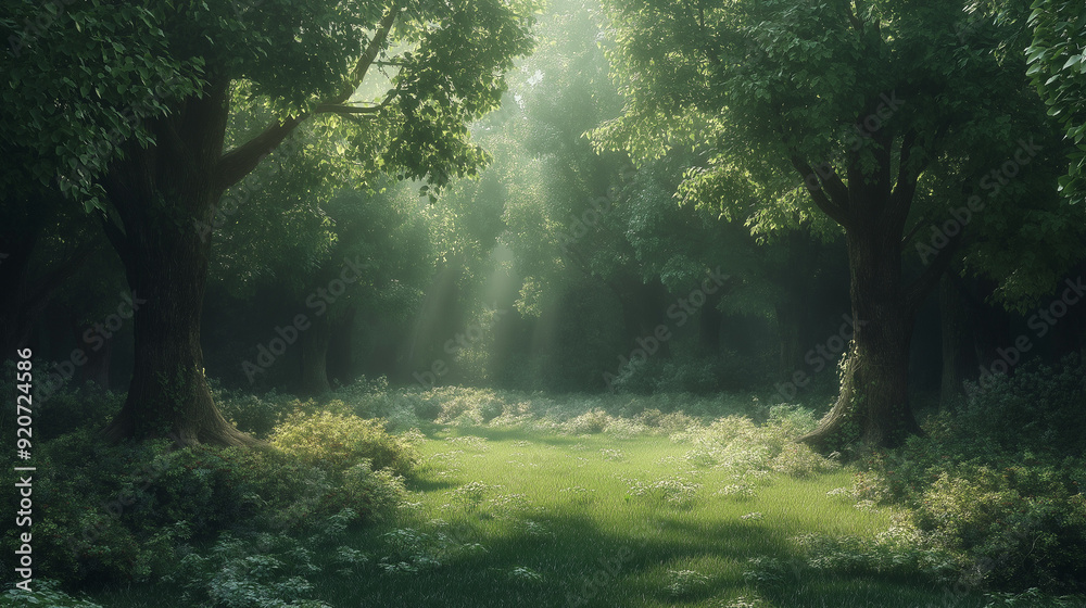 Obraz premium A serene, empty clearing in a dense forest, where the surrounding trees and plants seem to be slowly encroaching