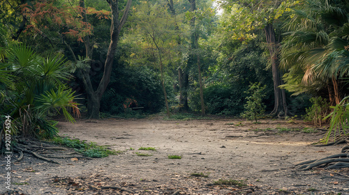 A serene, empty clearing in a dense forest, where the surrounding trees and plants seem to be slowly encroaching