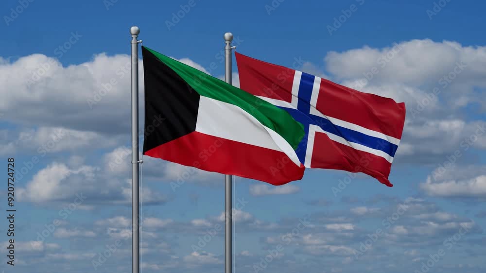 Norway and Kuwait flags flying together, video concept of the relationship, two country relations concept Norway and Kuwait flags flying together, video concept of the relationship, two country relations concept