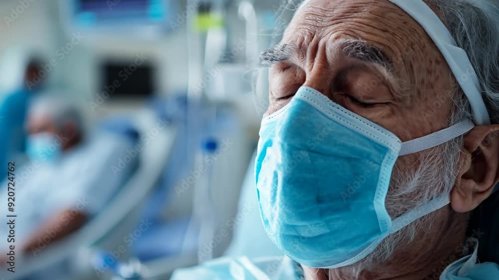 Sad elderly man rests in a hospital bed, wearing a mask while receiving medical attention during a health emergency Sad elderly man rests in a hospital bed, wearing a mask while receiving medical attention during a health emergency