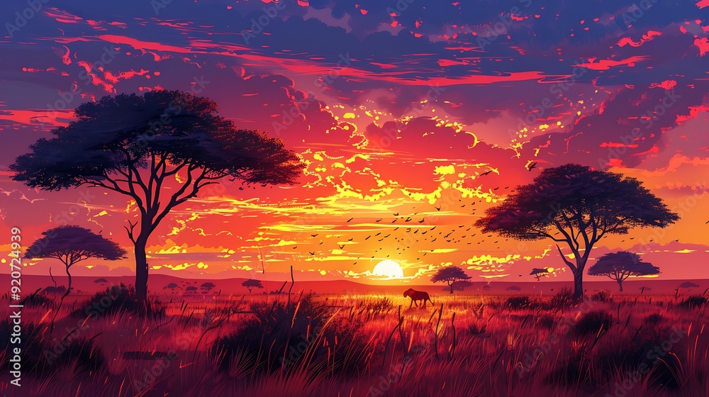 A digital artwork of an African savannah at sunset, with acacia trees and wildlife silhouetted against a colorful sky, detailed and peaceful, A digital artwork of an African savannah at sunset, with acacia trees and wildlife silhouetted against a colorful sky, detailed and peaceful,