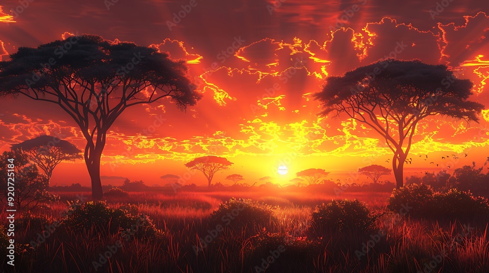 A digital artwork of an African savannah at sunset, with acacia trees and wildlife silhouetted against a dramatic sky, detailed and serene, capturing the tranquil beauty of the evening, hd quality, A digital artwork of an African savannah at sunset, with acacia trees and wildlife silhouetted against a dramatic sky, detailed and serene, capturing the tranquil beauty of the evening, hd quality,