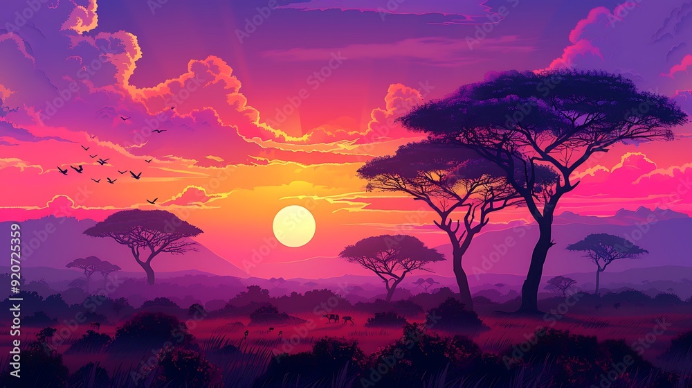A digital artwork of an African savannah at sunset, with acacia trees and wildlife silhouetted against a pink and purple sky, detailed and magical, capturing the enchanting beauty of the savannah, A digital artwork of an African savannah at sunset, with acacia trees and wildlife silhouetted against a pink and purple sky, detailed and magical, capturing the enchanting beauty of the savannah,