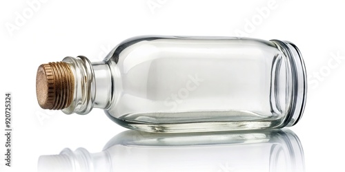 Delicately crafted small clear glass bottle with narrow neck and rounded body, empty and awaiting filling, sitting isolated on a soft white background. photo