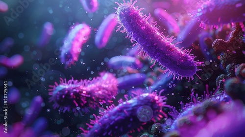 Wallpaper photo of blue and pink bacteria with blurred background 3D rendering. For learning science, biology.