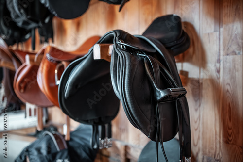 black leather saddle hanging on wooden wall at stable or barn, professional equestrian horse riding equipment photo