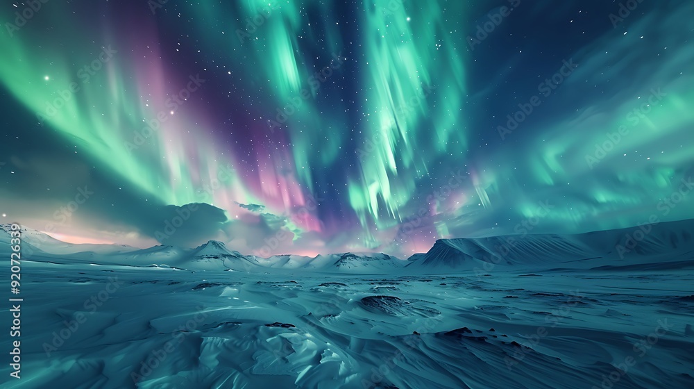 A digital artwork of an arctic landscape with the Northern Lights, vibrant green and purple lights dancing above the snow-covered terrain, detailed and serene,