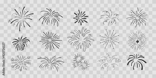 Set fireworks radial doodle line explosion circle sparkler with rays, hand drawn firecrackers simple and round decoration isolated on transprent background.