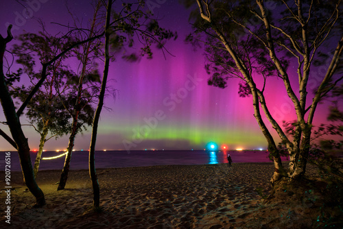 Fototapeta Naklejka Na Ścianę i Meble -  Amazing aurora over the Baltic Sea in Gdansk, Poland.
