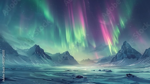 A digital artwork of an arctic tundra with the Northern Lights, vibrant green and purple lights illuminating the snowy ground, detailed and ethereal,