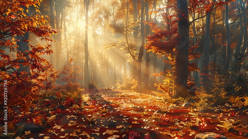 A digital artwork of an autumn forest at sunrise, with golden and red leaves on the ground, sunlight creating a warm glow through the trees, detailed and immersive, A digital artwork of an autumn forest at sunrise, with golden and red leaves on the ground, sunlight creating a warm glow through the trees, detailed and immersive,