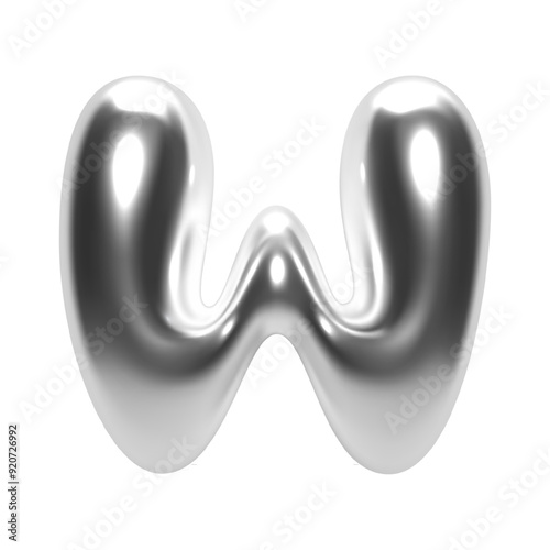 3D chrome bubble letter W in Y2K futuristic style. Shiny silver glossy surface with inflated liquid metal form. Isolated alphabet letter from trendy vector render font for modern typography and design