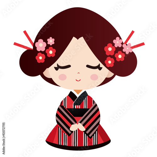Cute kokeshi doll on white background. Vector illustration.