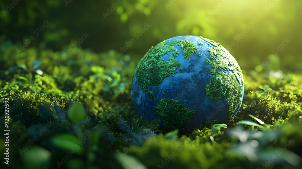 Green sphere planet nestled in grass, global ecology concept Green sphere planet nestled in grass, global ecology concept