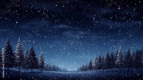 A peaceful winter night features falling snowflakes amidst towering pine trees under a sky filled with stars, christmas mood