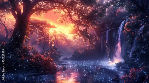 A digital artwork of an enchanted forest with ancient trees, glowing bioluminescent plants, and a hidden waterfall, sunset with warm orange and pink hues, detailed and serene,