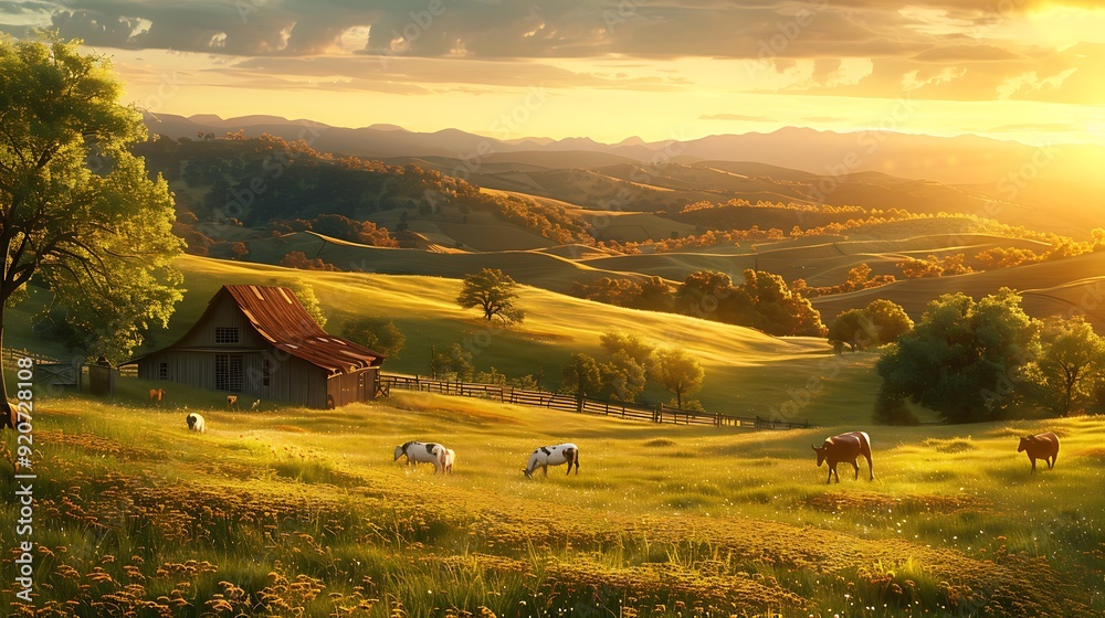 A digital artwork of an idyllic countryside at golden hour, with rolling hills, a rustic farmhouse, and grazing animals, warm light creating a picturesque scene, detailed and serene, A digital artwork of an idyllic countryside at golden hour, with rolling hills, a rustic farmhouse, and grazing animals, warm light creating a picturesque scene, detailed and serene,