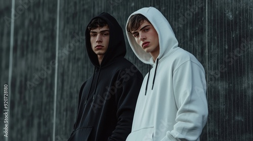 Two young men in black and white hoodies stand confidently against a textured wall in a stylish urban environment