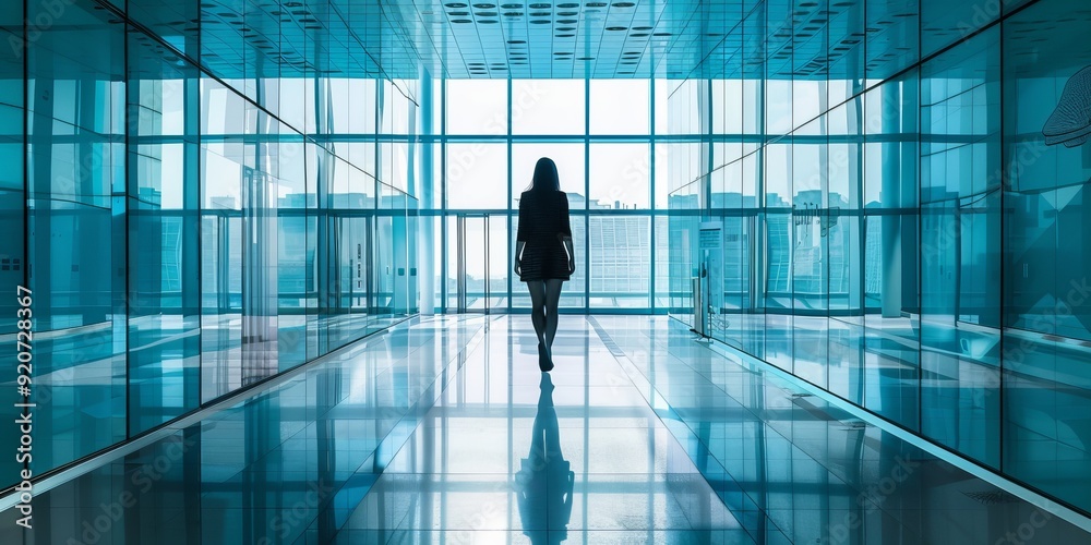 image back view of unrecognizable female walking towards exit in large corridor in modern building with glass walls located on highland image back view of unrecognizable female walking towards exit in large corridor in modern building with glass walls located on highland