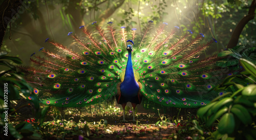 A majestic peacock with vibrant blue and orange plumage, displaying its stunning tail feathers in the lush forest.