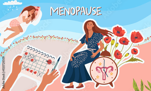A collage about women's health. World menopause day. Gynecology.  Poppies as a symbol of menstruation. Night tides, symptoms, uterus clock, cycle. Hand drawn vector illustration.