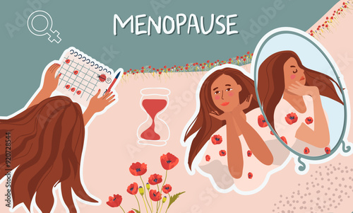 A collage about women's health. World menopause day. Gynecology.  Poppies as a symbol of menstruation. Mood swings, depression, symptoms, broken cycle. Hand drawn vector illustration.