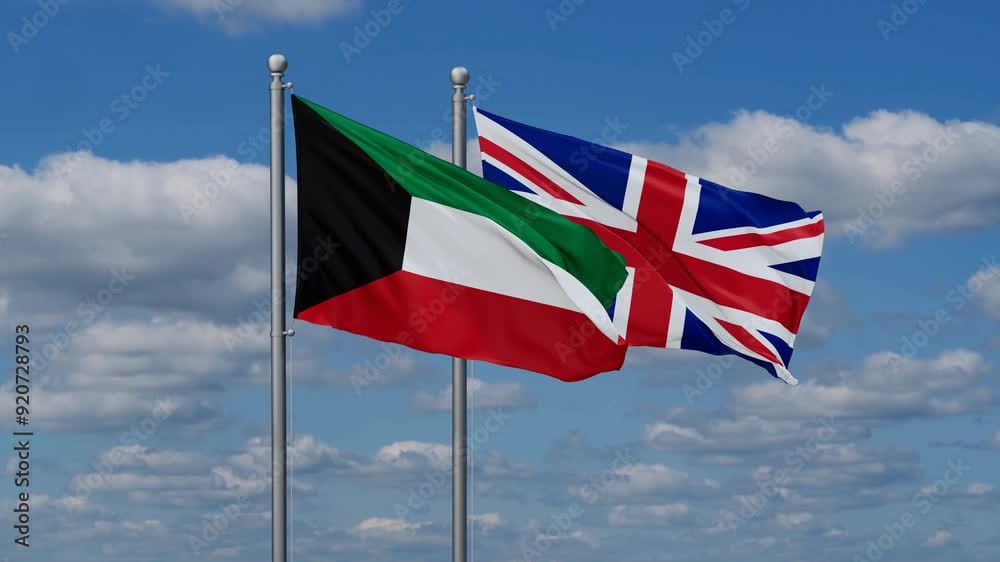 United Kingdom and Kuwait flags flying together, video concept of the relationship, two country cooperation concept United Kingdom and Kuwait flags flying together, video concept of the relationship, two country cooperation concept