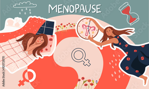 A collage about women's health. World menopause day. Gynecology.  Poppies as a symbol of menstruation. Sleep disturbance, a symptom of menopause. Woman with clock with uterus.Hand drawn vector.
