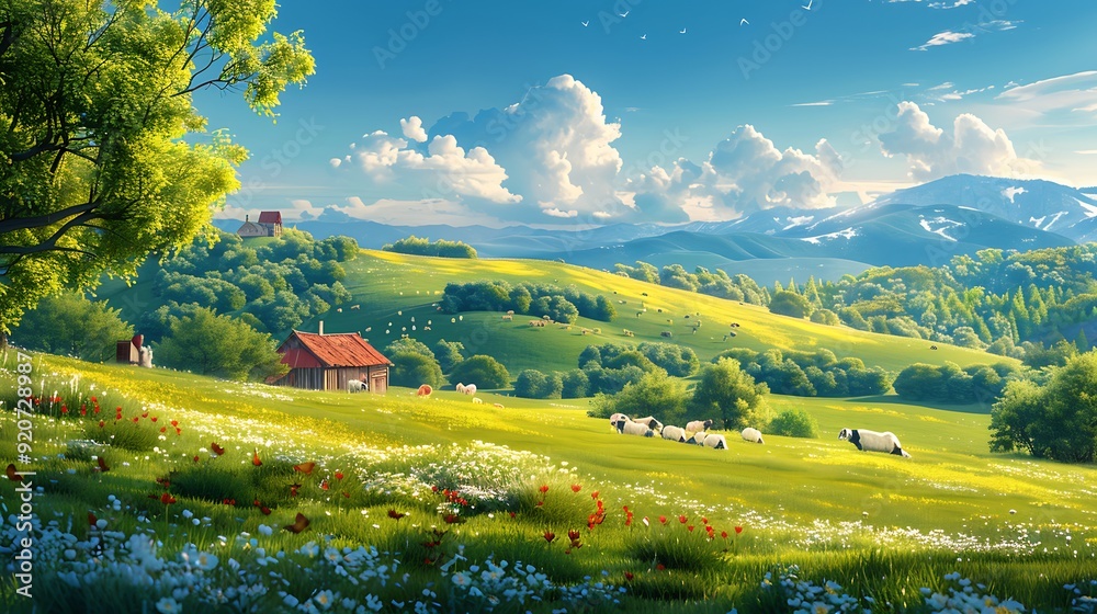 A digital artwork of an idyllic rural countryside with rolling hills, a charming farmhouse, and grazing animals, clear blue sky, bright sunlight illuminating the scene, detailed and vibrant,