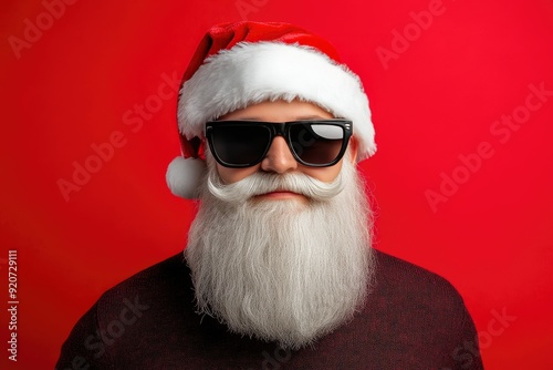 Sunglass-Wearing Santa Claus on Bold Red Background