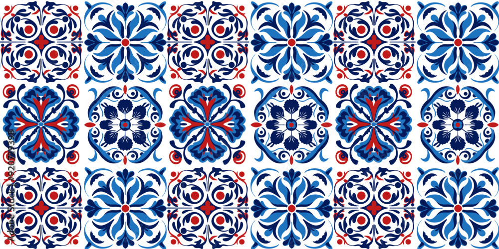 Pattern of blue and red Portuguese tiles - Azulejos vector, trendy tiles for interior design Pattern of blue and red Portuguese tiles - Azulejos vector, trendy tiles for interior design