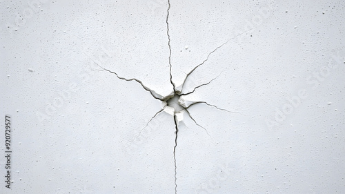 Textured background photograph of a white concrete wall. In the center is a large impact crack from being hit by a fist. Generative AI