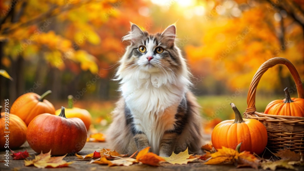 Happy cute fluffy cat on autumn background with pumpkin Happy cute fluffy cat on autumn background with pumpkin