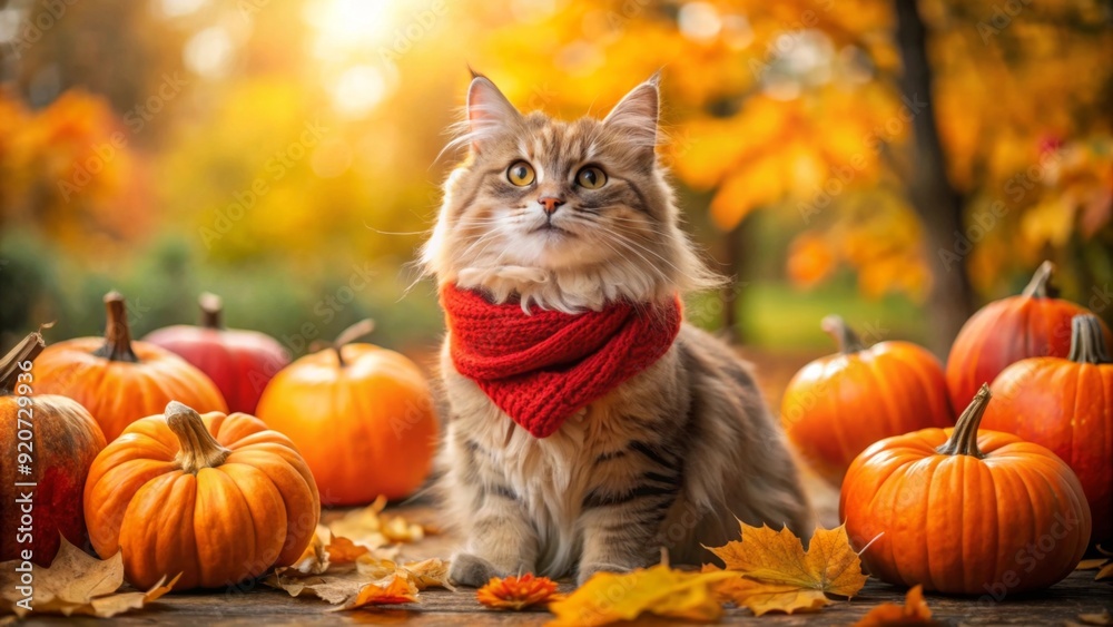 Happy cute fluffy cat on autumn background with pumpkin Happy cute fluffy cat on autumn background with pumpkin