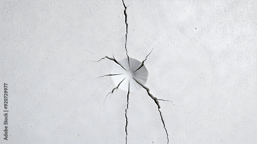 Textured background photograph of a white concrete wall. In the center is a large impact crack from being hit by a fist. Generative AI Textured background photograph of a white concrete wall. In the center is a large impact crack from being hit by a fist. Generative AI