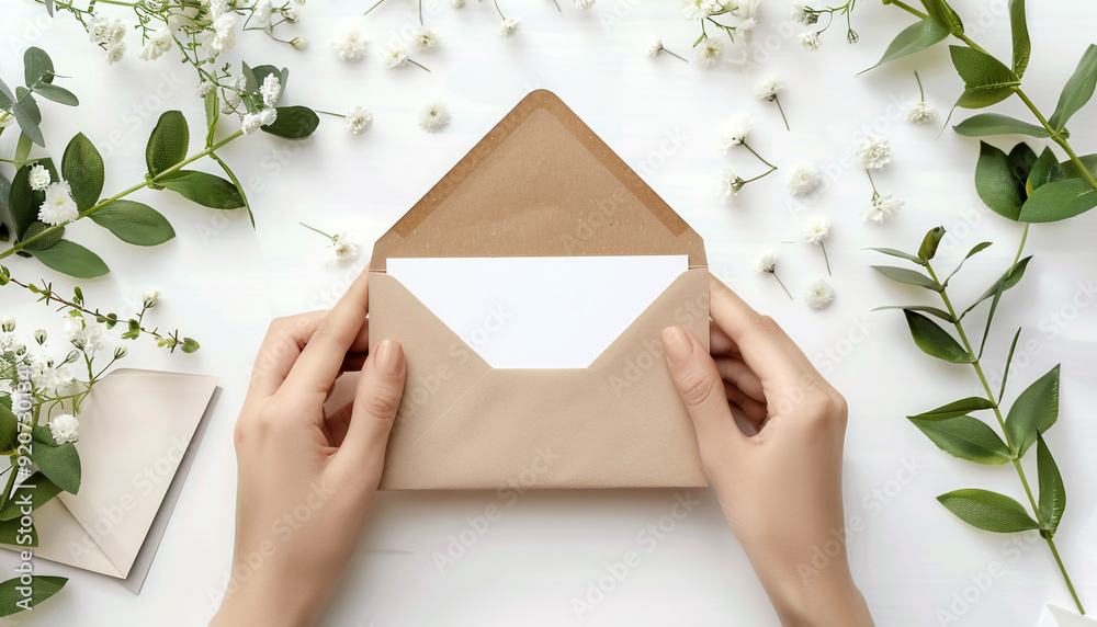 Womans hands holding kraft envelope with blank Womans hands holding kraft envelope with blank