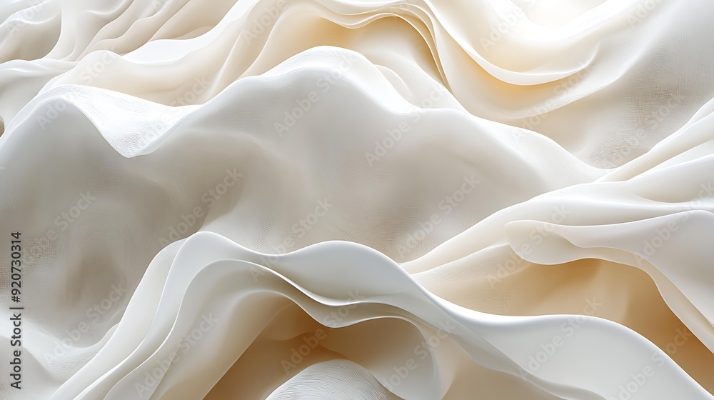 Obraz premium Soft, flowing fabric in beige and white, creating gentle waves and undulating patterns, perfect for use in backgrounds, textiles, and interior design themes highlighting elegance and tranquility,