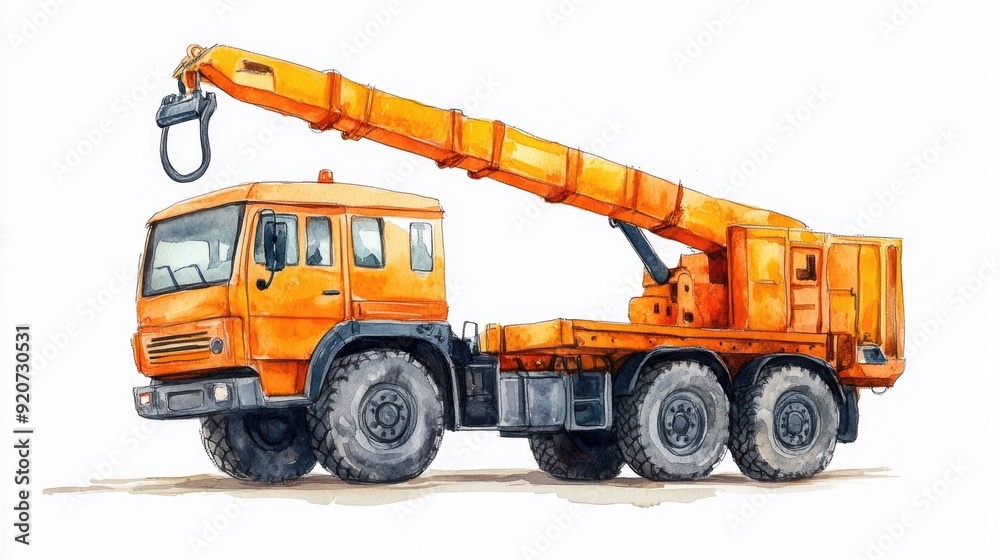 Cheerful and Playful Watercolor of a Cartoon Crane Truck with a Hook Isolated on a Clean White Background Depicts a Whimsical Heavy Equipment Vehicle for Construction Transportation Cheerful and Playful Watercolor of a Cartoon Crane Truck with a Hook Isolated on a Clean White Background Depicts a Whimsical Heavy Equipment Vehicle for Construction Transportation