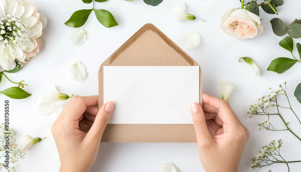 Obraz premium Womans hands holding kraft envelope with blank