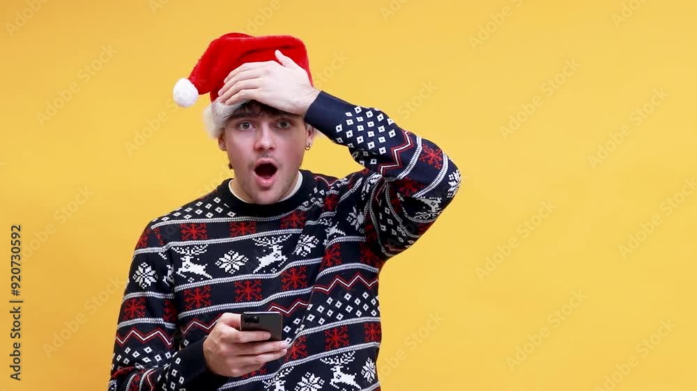 young man with mobile phone and christmas hat with mobile phone and surprised expression young man with mobile phone and christmas hat with mobile phone and surprised expression
