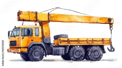 Charming and whimsical cartoon style watercolor of a cheerful crane truck with a hook isolated on a clean white background This playful adorable design evokes a sense of joy