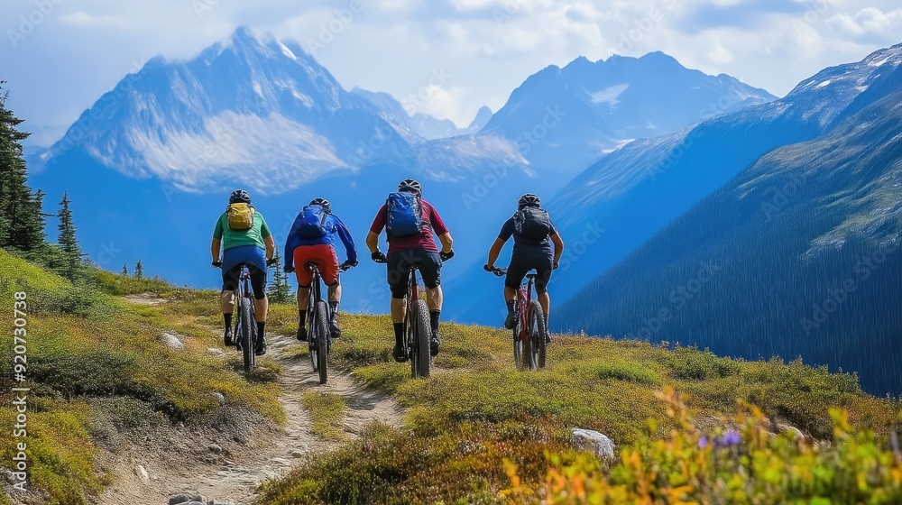 Thrilling Mountain Bike Ride Against Majestic Mountain Backdrop Thrilling Mountain Bike Ride Against Majestic Mountain Backdrop